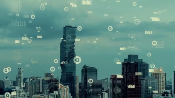 Interface Analítica Dados Negócios Sobrevoa Cidade Inteligente Mostrando Futuro Alteração — Vídeo de Stock