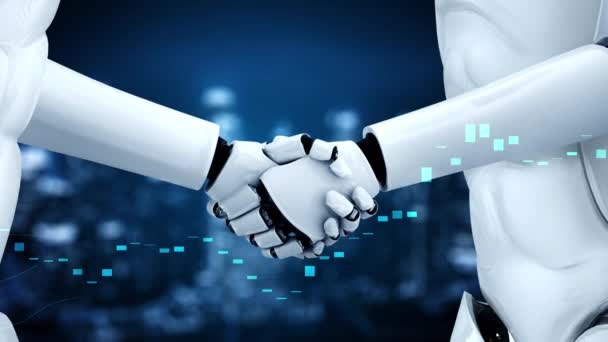 Vykreslování Hominoidní Robot Handshake Burzovním Obchodním Grafem Ukazuje Nákup Prodej — Stock video