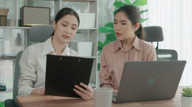 Ofis çalışma alanında birlikte çalışan iki genç hevesli iş kadını. Genç meslektaşlar tartışırken ve dizüstü bilgisayar kullanırken. Modern ofis çalışanları masada birlikte oturuyorlar..