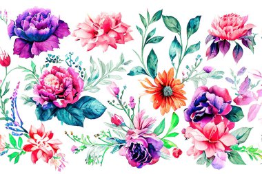 Çiçek buketi, suluboya sanat eserleri dizaynı. Bahar ve yaz çiçekleri elle çizilmiş suluboya tarzında. Dijital sanat 3D illüstrasyon.