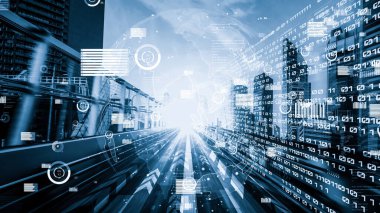 Ticari veri analizi ve zeki yazılım pazarlama stratejisi. Yeni bilgi çağındaki küresel eğilimleri değiştiren akıllı dijital dönüşüm ve teknoloji bozulması kavramı .