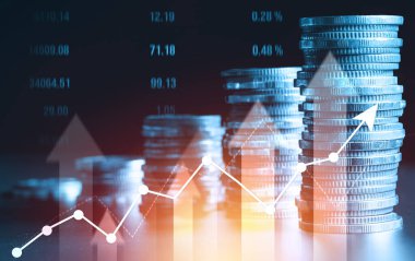 Finans ve para teknolojisi iş refahı ve varlık yönetimi kavramı. Yaratıcı grafik, refah karı elde etmek için değerli varlıklara yatırım yaparak ekonomi ve mali büyümeyi gösteriyor .