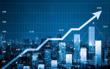 Financial graphs and digital indicators overlap with modernistic urban area, skyscrabber for stock market business concept. Double exposure.