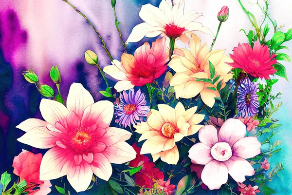 Çiçek Buketi Suluboya Sanat Eserleri Dizaynı Bahar Yaz Çiçekleri Elle — Stok fotoğraf