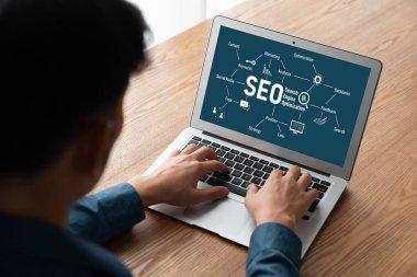 Model e-ticaret için SEO arama motoru optimizasyonu ve bilgisayar ekranında gösterilen çevrimiçi perakende işi