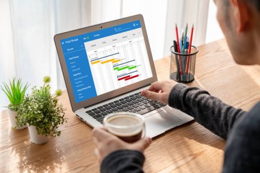 Ekip projesinin zaman çizelgesini gösteren bilgisayar ekranında, modern iş projesi yönetimi için proje planlama yazılımı