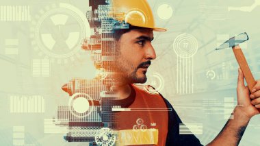 Gelecekteki bina inşaatı ve HUD hologram grafik tasarımı ile yaratıcı mühendislik projesi konsepti. İnşaat mühendisi, mimar ya da inşaat işçisi modern sivil teknoloji ile çalışıyor..