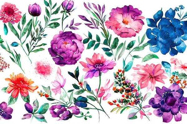 花花束は アートワークデザインの水彩作品を設定します 手描き水彩のスタイルで春と夏の花の自然 デジタルアート3Dイラスト — ストック写真