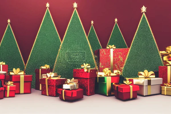 Christmas festival decoration with gift boxes pile, ribbon and spectacular christmas tree for giving to family and friends on christmas day or new year 2023 with merry and joy. 3D illustration.