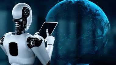 AI robot huminoid uses cloud computing technology to store data on online server . Futuristic concept of cloud information storage analyzed by machine learning process . 3D rendering .