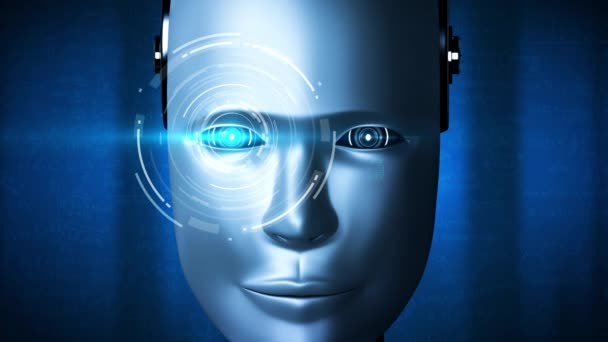 Robot Hominoid Ansikte Närbild Med Grafiska Begreppet Ingenjörsvetenskap Studie Tänkande — Stockvideo
