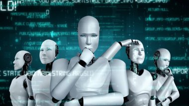 Futuristic robot artificial intelligence huminoid AI programming coding technology development and machine learning concept. Robotic bionic science research for future of human life. 3D rendering.