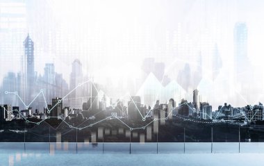 Financial graphs and digital indicators overlap with modernistic urban area, skyscrabber for stock market business concept. Double exposure.