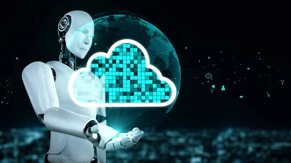 Robot Huminoid Uses Cloud Computing Technology Store Data Online Server — Stock fotografie