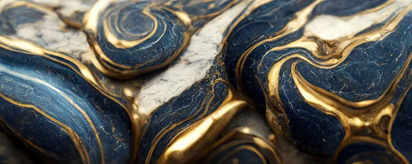 Splendid modern marbling painting abstract design of blue and gold wavy veins pattern texture marble in digital art 3D illustration. Dark black and gold fluid melted liquid wallpaper.