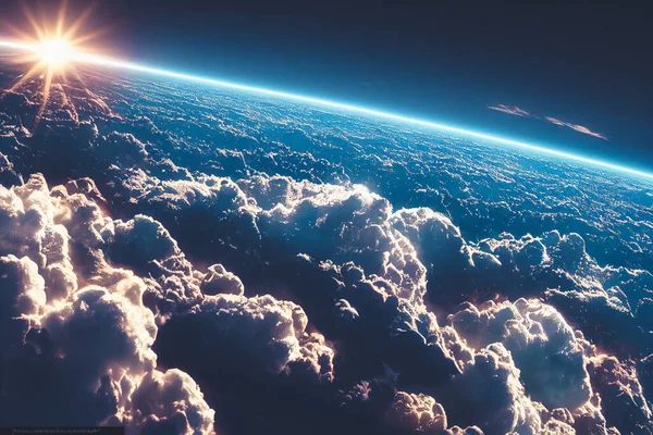 Splendid background cloudscape above the earths atmosphere in the stratosphere, with a galaxy and black, starry space at the horizon. Digital art 3D illustration of view from above the space.