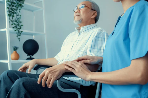 Caring Nurse Contented Senior Man Wheel Chair Home Nursing House — Stock Fotó
