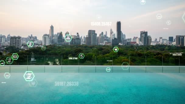 Tecnología Verde Ciudad Desplaza Hacia Concepto Alteración Sostenible Mediante Energía — Vídeos de Stock