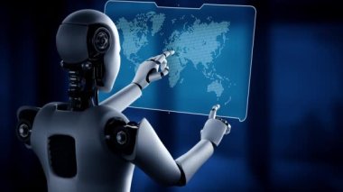 AI hominoid robot touching virtual hologram screen showing concept of big data analytic using artificial intelligence thinking by machine learning process. 3D rendering.