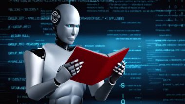 Futuristic robot artificial intelligence huminoid AI programming coding technology development and machine learning concept. Robotic bionic science research for future of human life. 3D rendering.