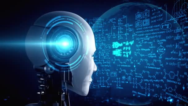 Robot Inteligencia Artificial Hominoide Mirando Pantalla Del Holograma Concepto Cálculo — Vídeos de Stock