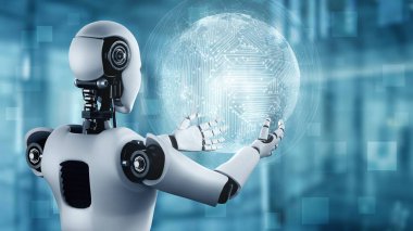 AI hominoid robot holding hologram screen shows concept of global communication network using artificial intelligence thinking by machine learning process. 3D rendering computer graphic.