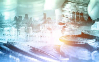 Finans ve para teknolojisi iş refahı ve varlık yönetimi kavramı. Yaratıcı grafik, refah karı elde etmek için değerli varlıklara yatırım yaparak ekonomi ve mali büyümeyi gösteriyor .