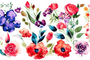 Çiçek buketi, suluboya sanat eserleri dizaynı. Bahar ve yaz çiçekleri elle çizilmiş suluboya tarzında. Dijital sanat 3D illüstrasyon.