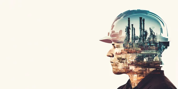 Future factory plant and energy industry devotion concept in creative design. Oil gas and petrochemical refinery factory with double exposure arts showing next generation of power and energy business.