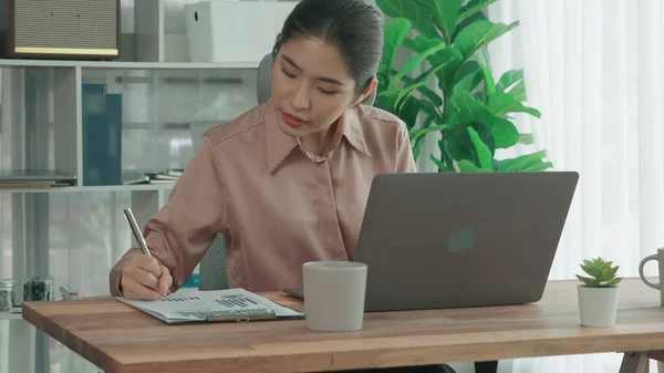 Enthusiastic Businesswoman Working Typing Laptop Office Beautiful Young Office Lady — Stock Photo, Image