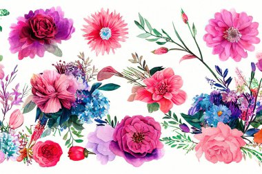 Çiçek buketi, suluboya sanat eserleri dizaynı. Bahar ve yaz çiçekleri elle çizilmiş suluboya tarzında. Dijital sanat 3D illüstrasyon.