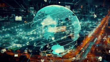 Akıllı şehirde küresel bağlantı ve internet ağı değişikliği. Gelecekteki kablosuz dijital bağlantı ve sosyal medya ağı kavramı .