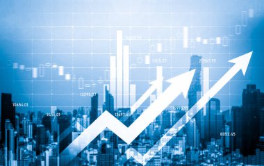 Stock market business concept. Financial graphs and digital indicators with modernistic urban area and skyscrapers as background. Double Exposure.