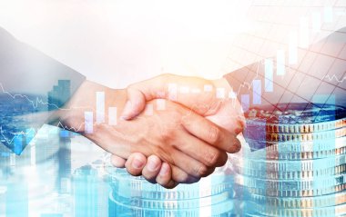 Ekonomik refah ve para teknolojisinin varlık geçmişi üzerine iş tokalaşması. Değerli borsaya yatırım yaparak ekonomik ve finansal büyüme ile refah kar birimi ticareti elde edilir