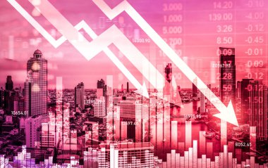 Stock market crash, declined economic, graph falling down and digital indicators overlaps modernistic city. Double exposure.