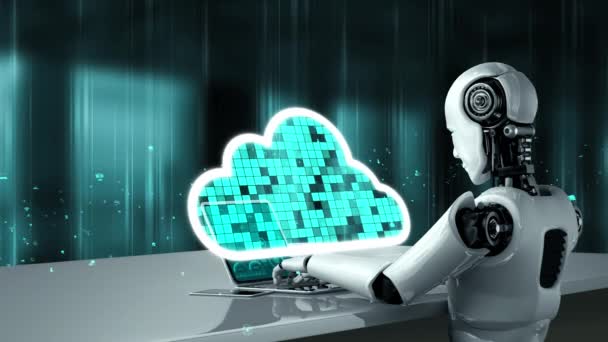 Robot Huminoid Uses Cloud Computing Technology Store Data Online Server — Stock videók