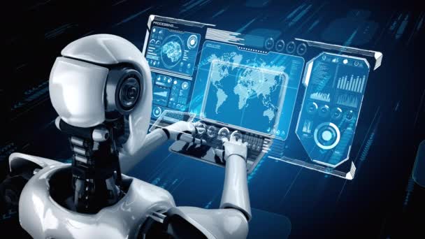 Robotti Hominoidi Käyttää Kannettavaa Tietokonetta Istuu Pöydässä Massadata Analytiikkaan Käyttäen — kuvapankkivideo