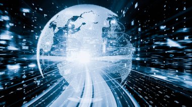 Fütürist küresel ağ ve dijital veri transferi 3D grafik. Yeni bilgi çağındaki küresel eğilimleri değiştiren akıllı dijital dönüşüm ve teknoloji bozulması kavramı .