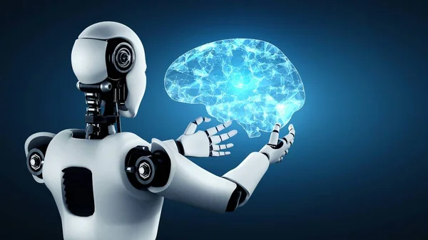 Hominoid Robot Holding Virtual Hologram Screen Showing Concept Brain Artificial — Stock fotografie
