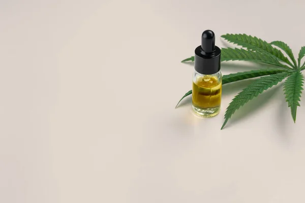 Φύλλο Κάνναβης Cannabis Sativa Δοχείο Από Έλαιο Cbd Καπάκι Σταγονόμετρο — Φωτογραφία Αρχείου