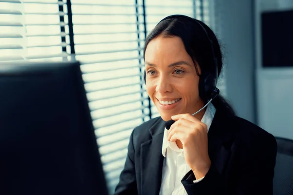 Competent Female Operator Working Computer Talking Clients Concept Relevant Both — Stock Photo, Image