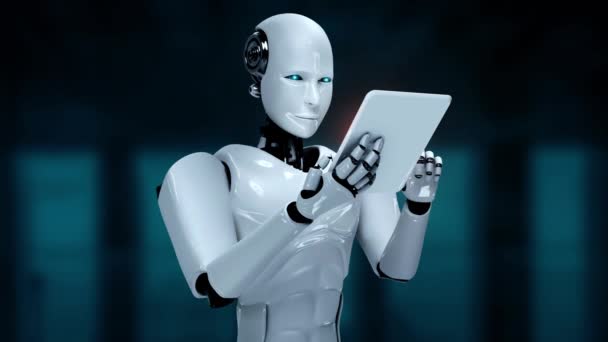 第4次産業革命のためのAi思考脳 人工知能 機械学習プロセスを使用してビッグデータ分析のためのタブレットコンピュータを使用してロボット人型 3Dレンダリング — ストック動画
