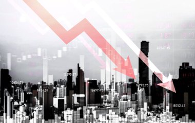 Economic crisis concept shown by digital indicators and graphs falling down with modernistic urban, city area. Double exposure. Stock market crash concept.