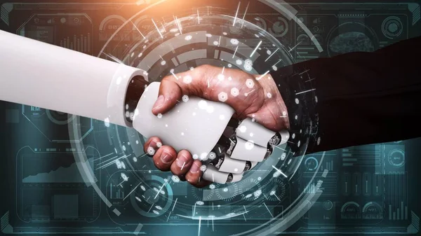 Rendering Hominoid Robot Handshake Collaborate Future Technology Development Thinking Brain — Fotografia de Stock