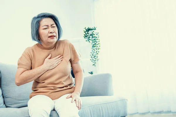 Agonizing Elderly Woman Experiencing Chest Pain Medical Attention Senior Care — Foto de Stock