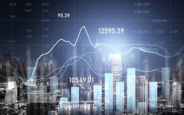 Financial Graphs Digital Indicators Overlap Modernistic Urban Area Skyscrabber Stock — Stock fotografie