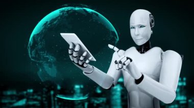 Futuristic robot artificial intelligence huminoid AI programming coding technology development and machine learning concept. Robotic bionic science research for future of human life. 3D rendering.