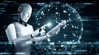 Futuristic robot artificial intelligence huminoid AI programming coding technology development and machine learning concept. Robotic bionic science research for future of human life. 3D rendering.