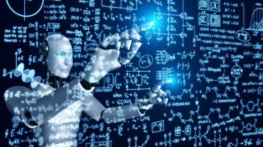 Yapay zeka düşünme ve makine öğrenme sürecini kullanarak matematik formülü ve bilim denkleminin yapay robot dokunmatik ekranını 4. endüstriyel devrim için kullanacağız. 3B görüntüleme.