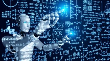 AI hominoid robot touch screen of mathematics formula and science equation by using artificial intelligence thinking and machine learning process for the 4th industrial revolution. 3D rendering. clipart